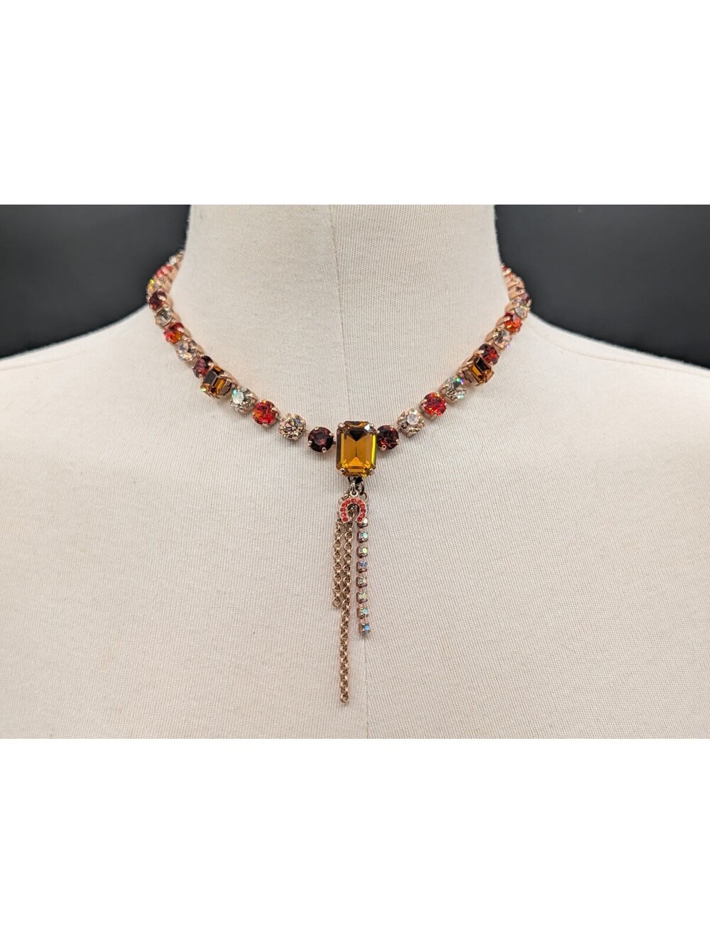 Vintage Style Amber Rhinestone Tassel Choker Necklace Horseshoe Drop Fall Colors